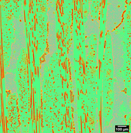 Image of CMC sample, collected with the Robo-Met.3D, and segmented to show features (Pores- red , fibers- green, matrix- purple, unreacted silica- yellow)